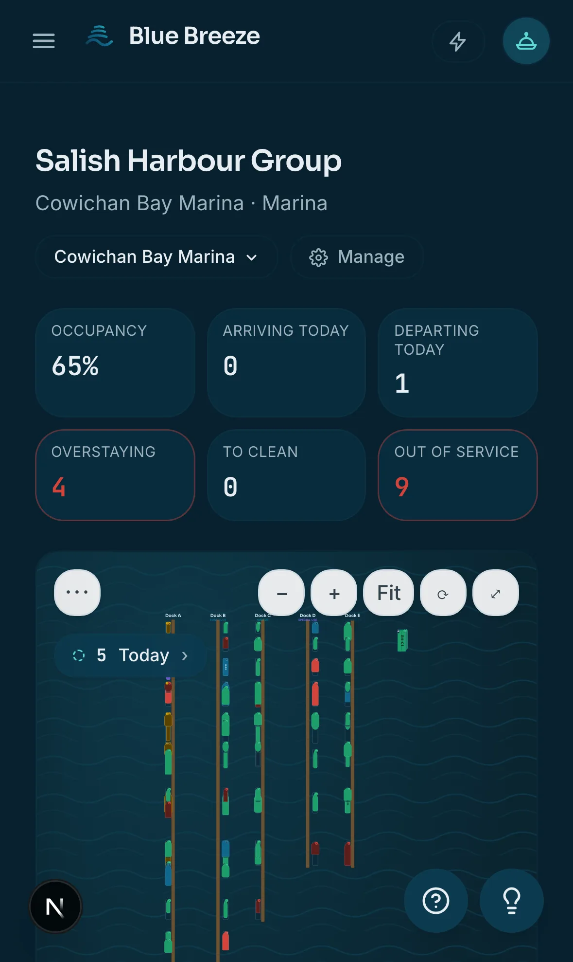 The same overview on an iPhone: counters across the top and the dock map below