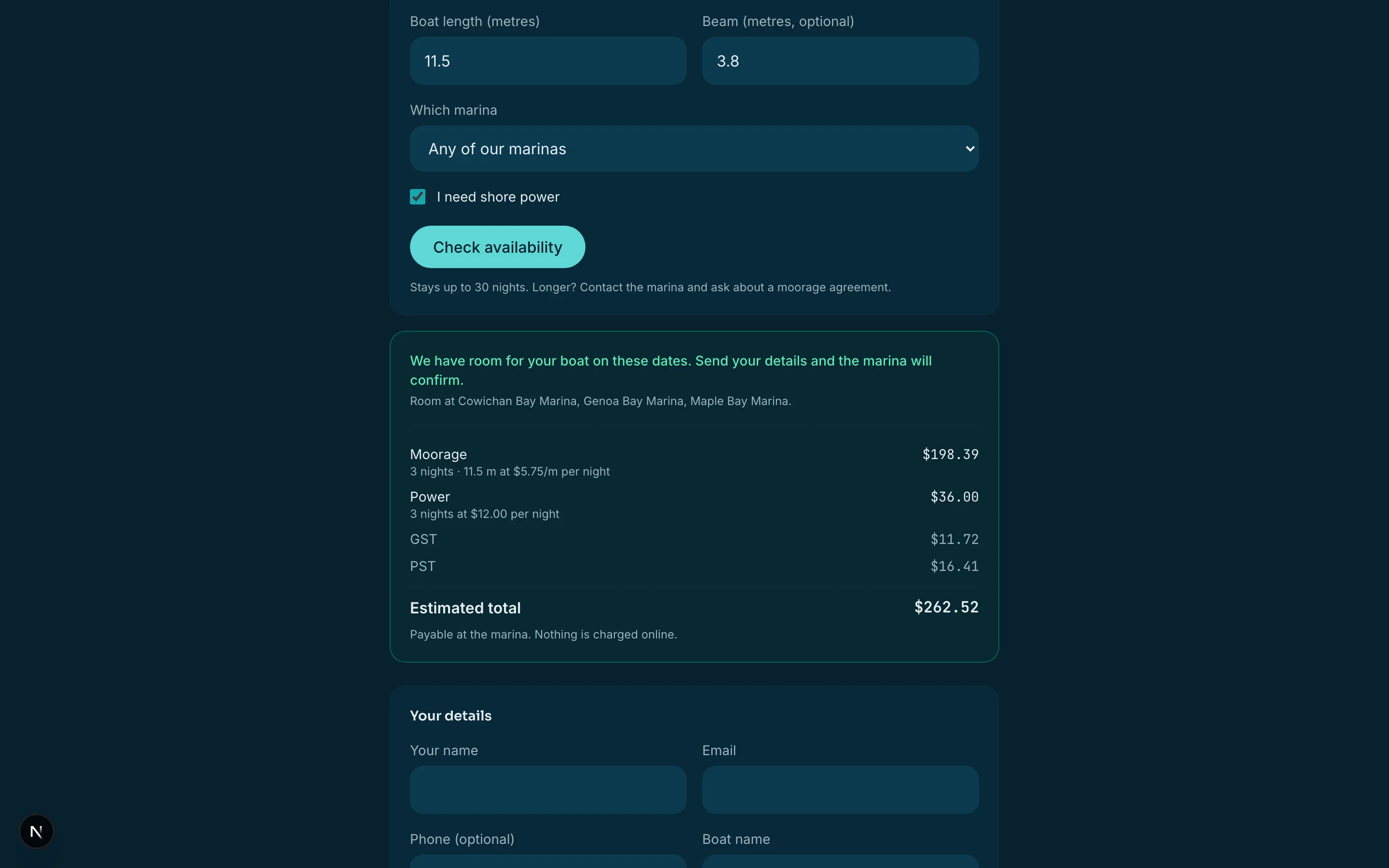 The public booking page: dates and boat size entered, a berth available, and a full price with tax